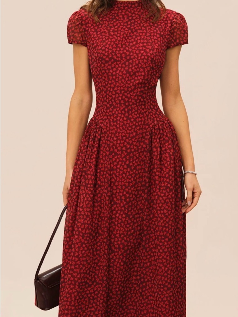 Classic Red Floral Maxi Dress with Puff Sleeves